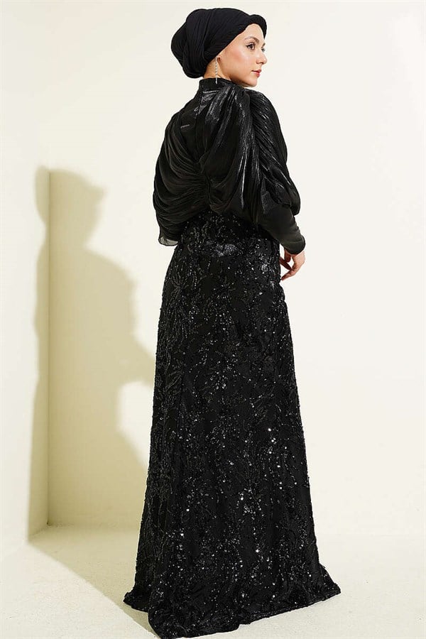 Black Embellished Sequined Evening Dress with Gathered Shoulders