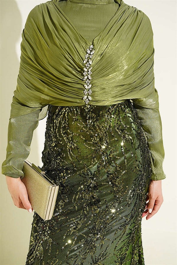 Shoulder Gathered Embellished Sequin Evening Dress in Olive Green