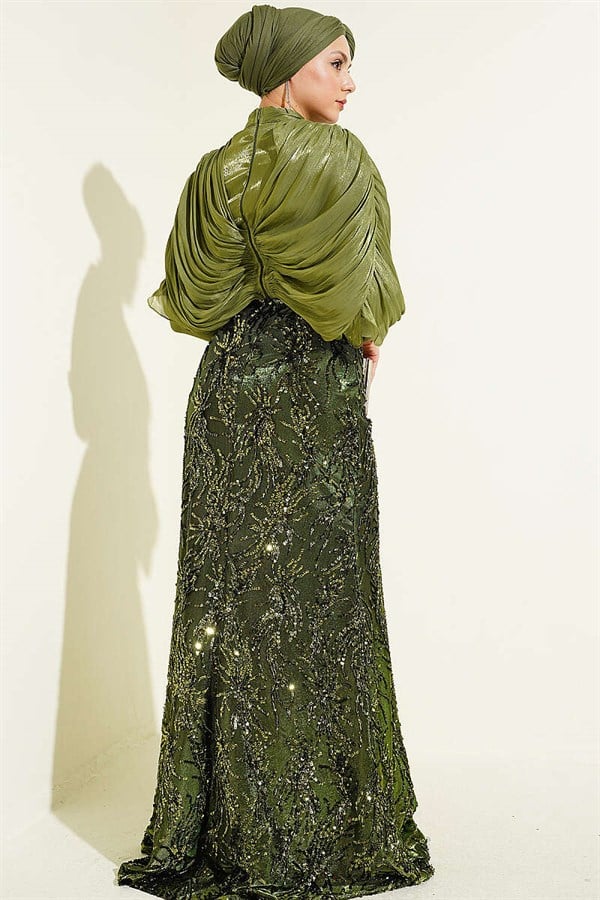 Shoulder Gathered Embellished Sequin Evening Dress in Olive Green