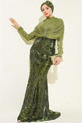 Shoulder Gathered Embellished Sequin Evening Dress in Olive Green