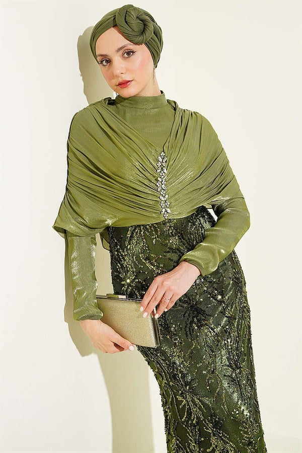 Shoulder Gathered Embellished Sequin Evening Dress in Olive Green