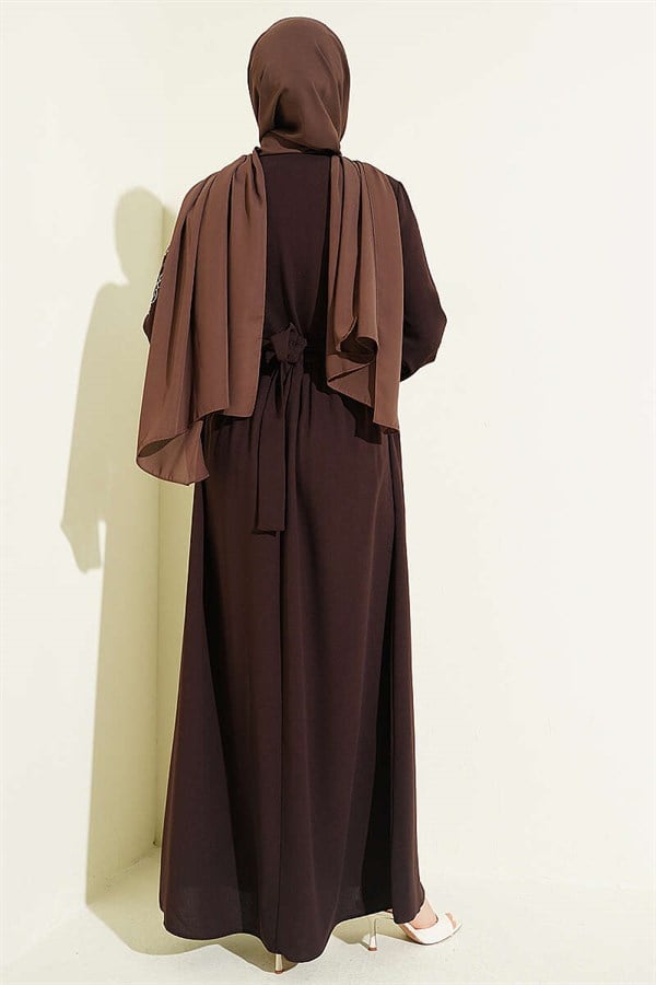 Dark Brown Buttoned Dress with Shoulder Flower Embroidery