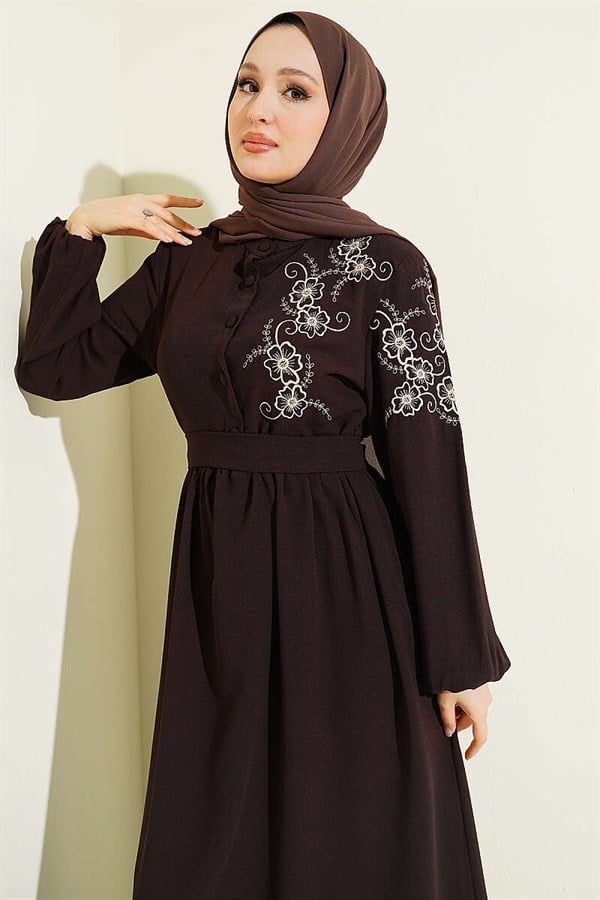 Dark Brown Buttoned Dress with Shoulder Flower Embroidery