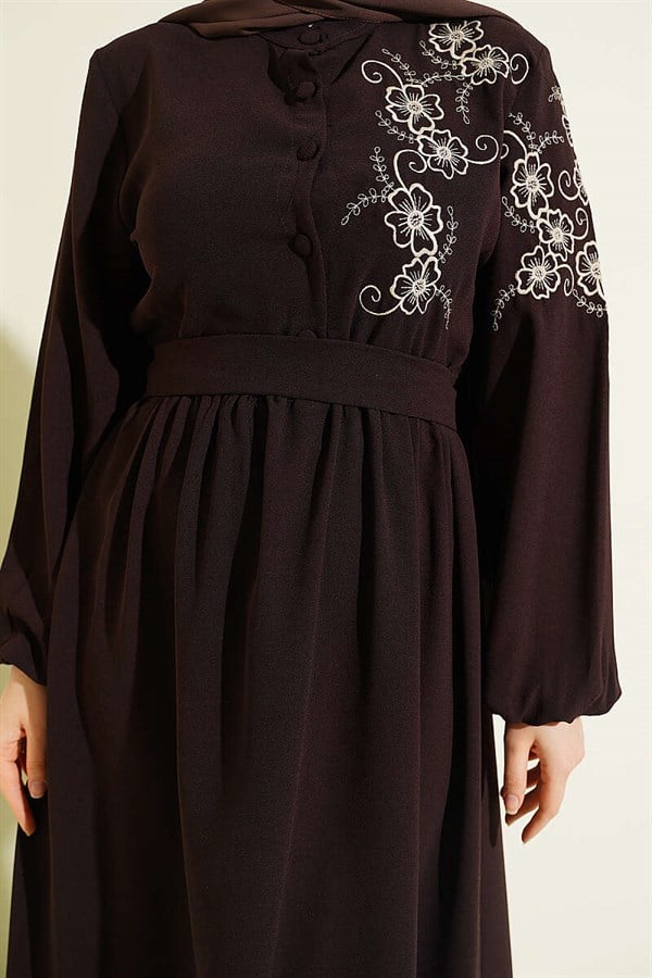 Dark Brown Buttoned Dress with Shoulder Flower Embroidery