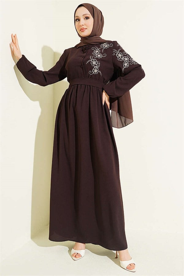 Dark Brown Buttoned Dress with Shoulder Flower Embroidery