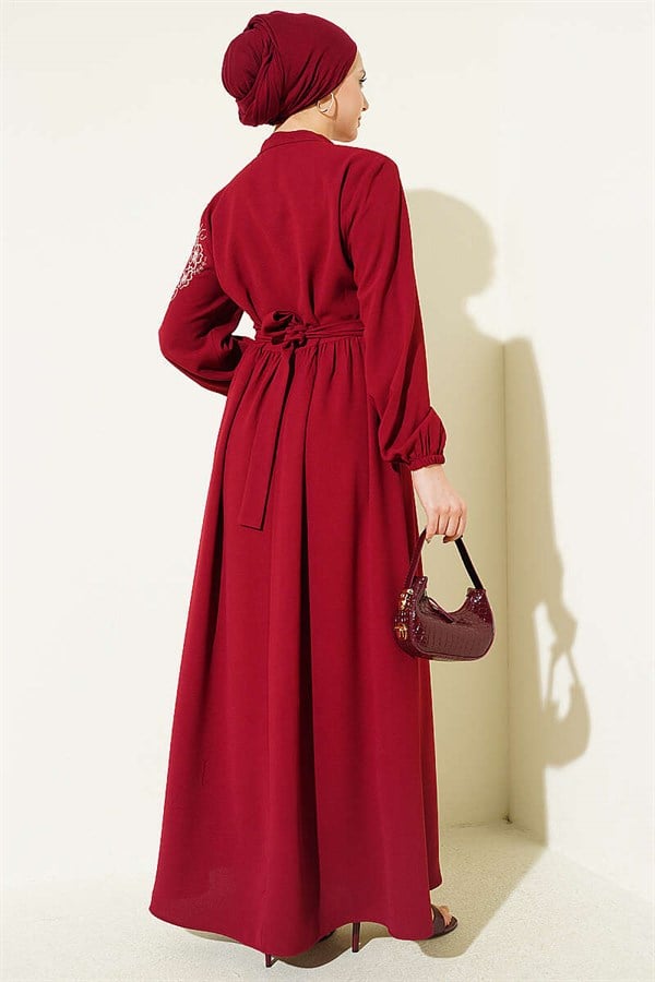 Shoulder Flower Embroidered Buttoned Dress Burgundy