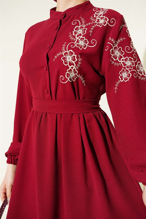 Shoulder Flower Embroidered Buttoned Dress Burgundy
