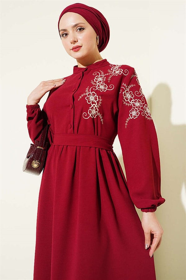 Shoulder Flower Embroidered Buttoned Dress Burgundy