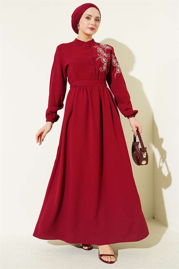 Shoulder Flower Embroidered Buttoned Dress Burgundy