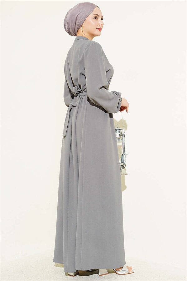 Gray Buttoned Dress with Shoulder Flower Embroidery