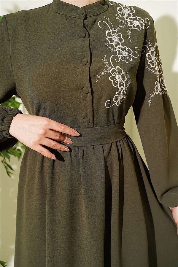 Shoulder Flower Embroidered Buttoned Dress Khaki