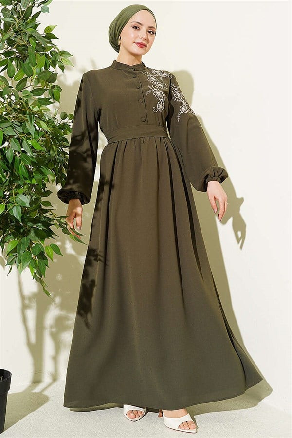 Shoulder Flower Embroidered Buttoned Dress Khaki