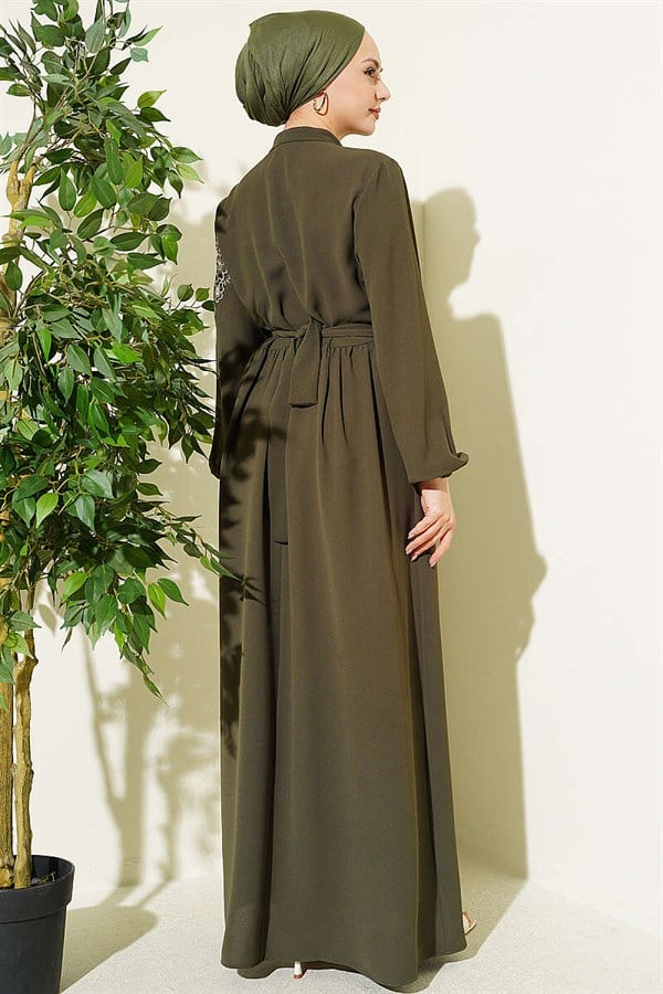 Shoulder Flower Embroidered Buttoned Dress Khaki