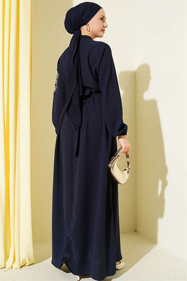 Navy Blue Buttoned Dress with Shoulder Flower Embroidery
