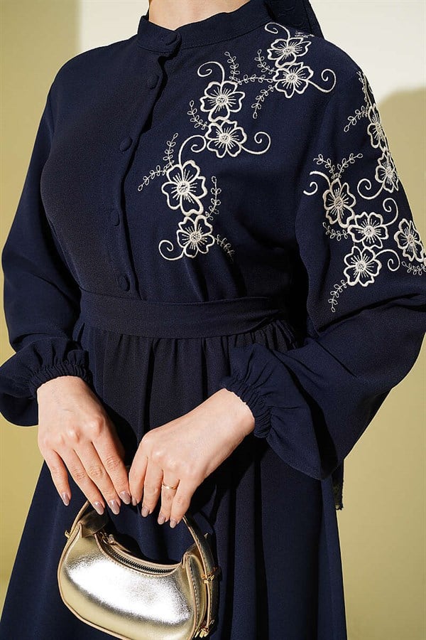 Navy Blue Buttoned Dress with Shoulder Flower Embroidery