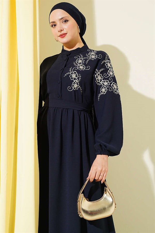 Navy Blue Buttoned Dress with Shoulder Flower Embroidery