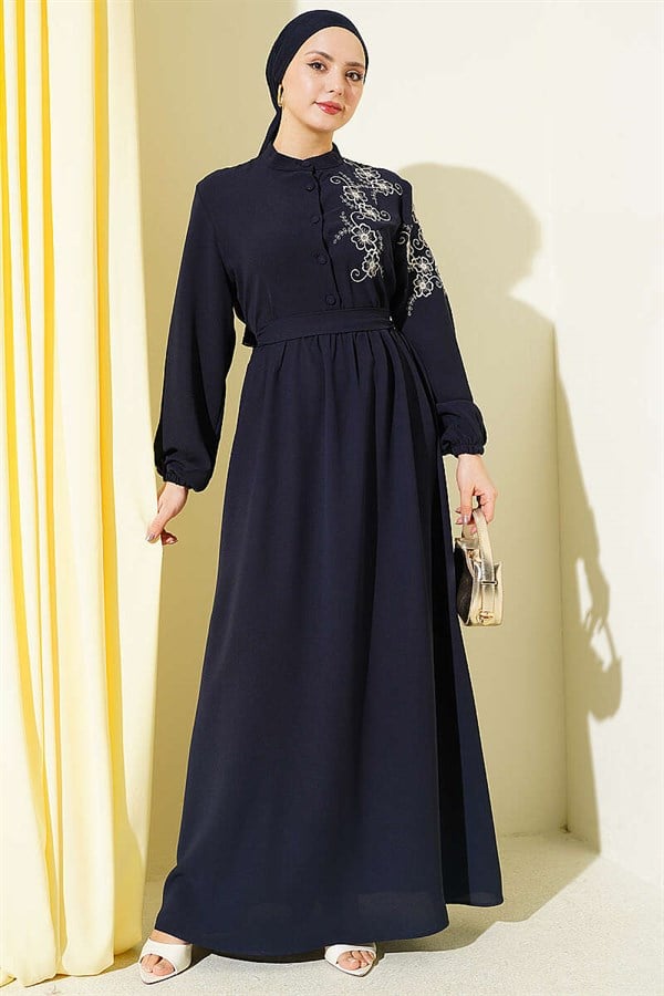 Navy Blue Buttoned Dress with Shoulder Flower Embroidery