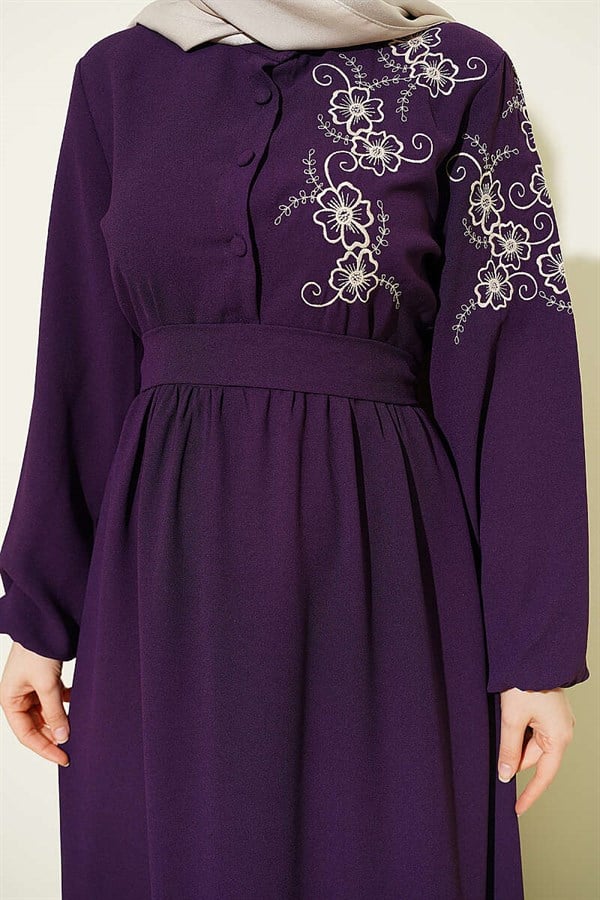 Purple Buttoned Dress with Shoulder Flower Embroidery