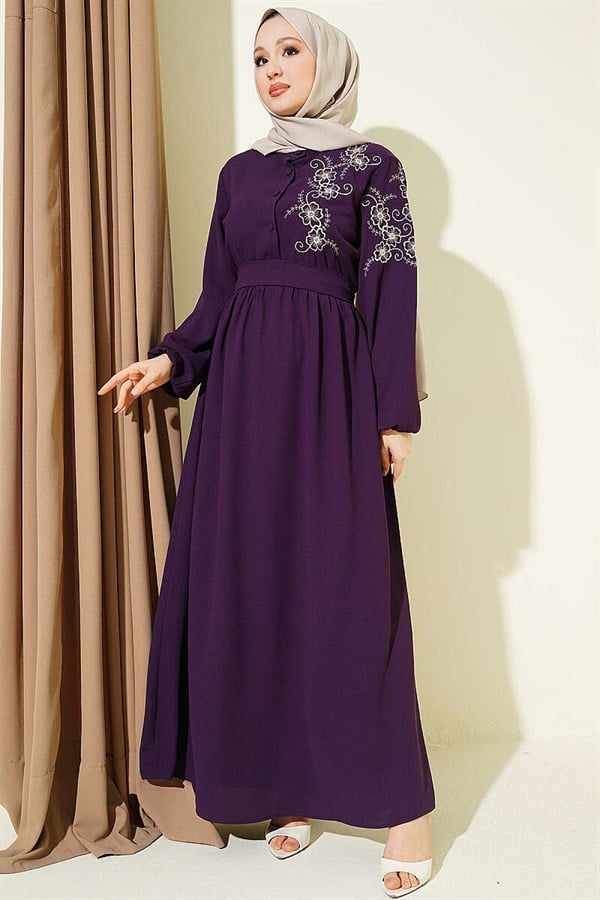 Purple Buttoned Dress with Shoulder Flower Embroidery