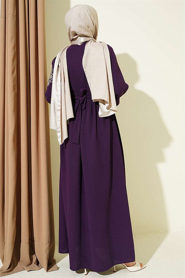 Purple Buttoned Dress with Shoulder Flower Embroidery