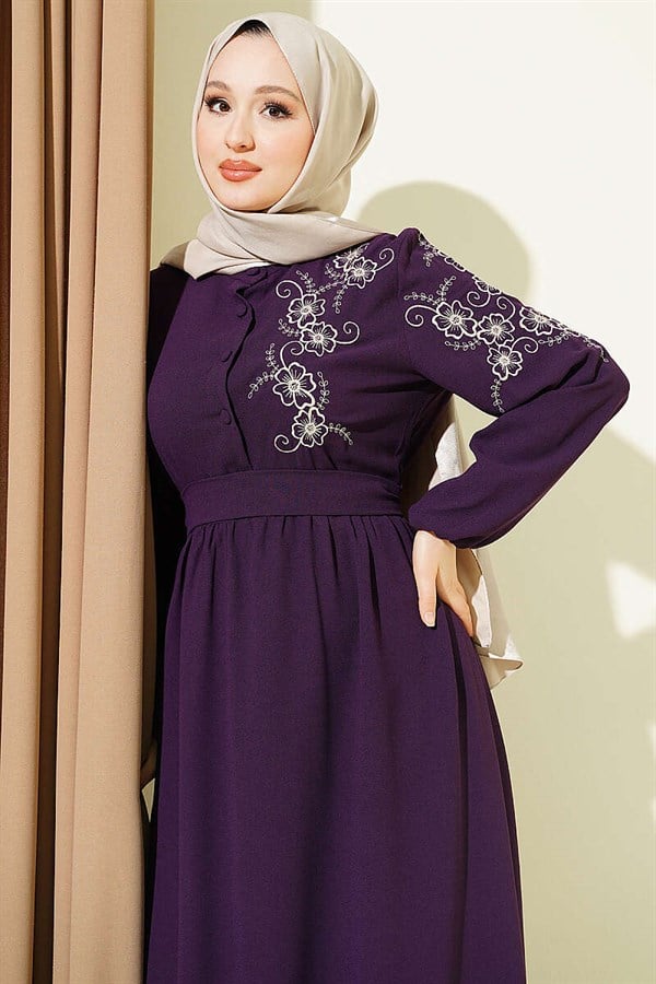 Purple Buttoned Dress with Shoulder Flower Embroidery