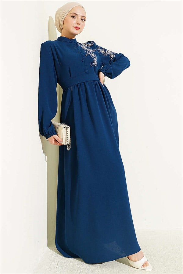 Shoulder Flower Embroidered Buttoned Dress in Petrol