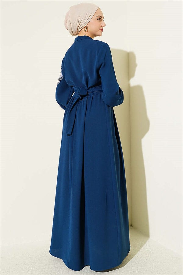 Shoulder Flower Embroidered Buttoned Dress in Petrol