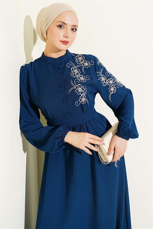 Shoulder Flower Embroidered Buttoned Dress in Petrol