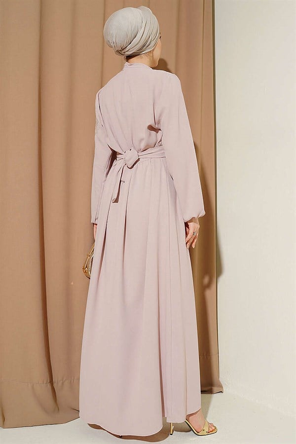 Shoulder Flower Embroidered Buttoned Dress Powder Pink