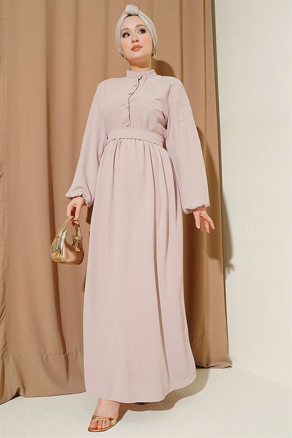 Shoulder Flower Embroidered Buttoned Dress Powder Pink