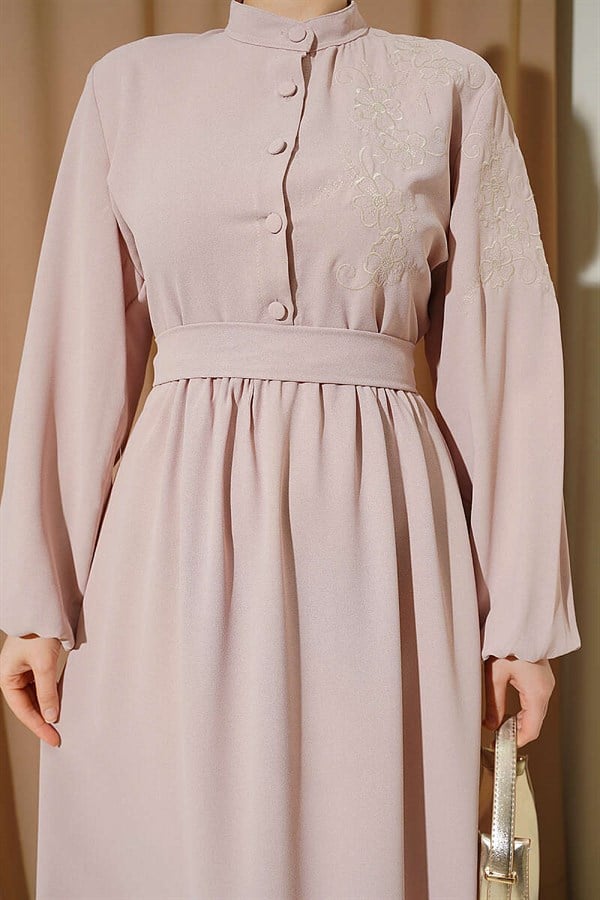 Shoulder Flower Embroidered Buttoned Dress Powder Pink