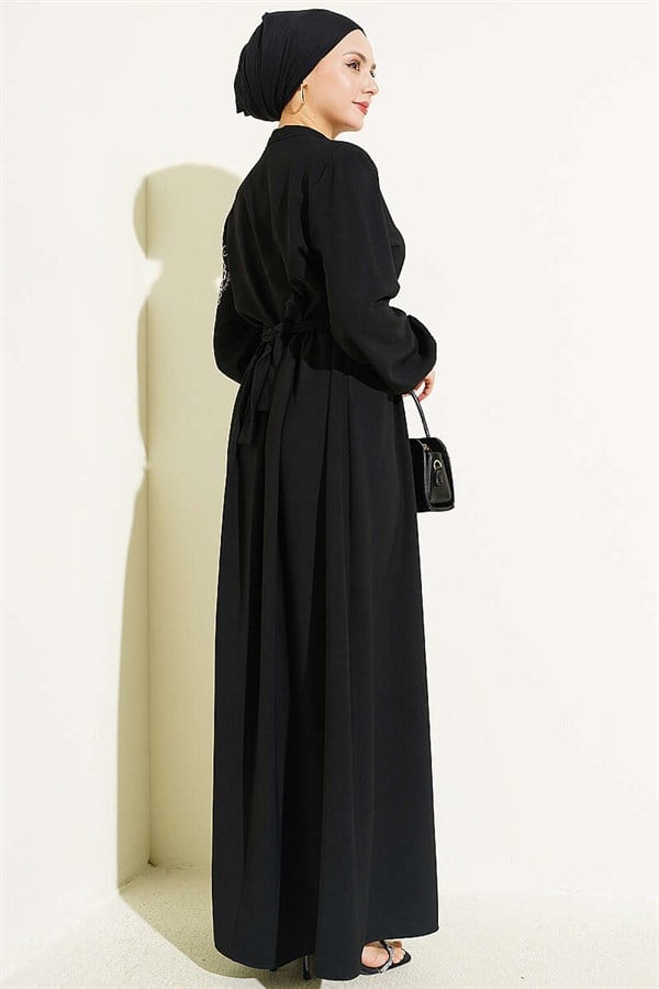 Shoulder Flower Embroidered Buttoned Dress Black