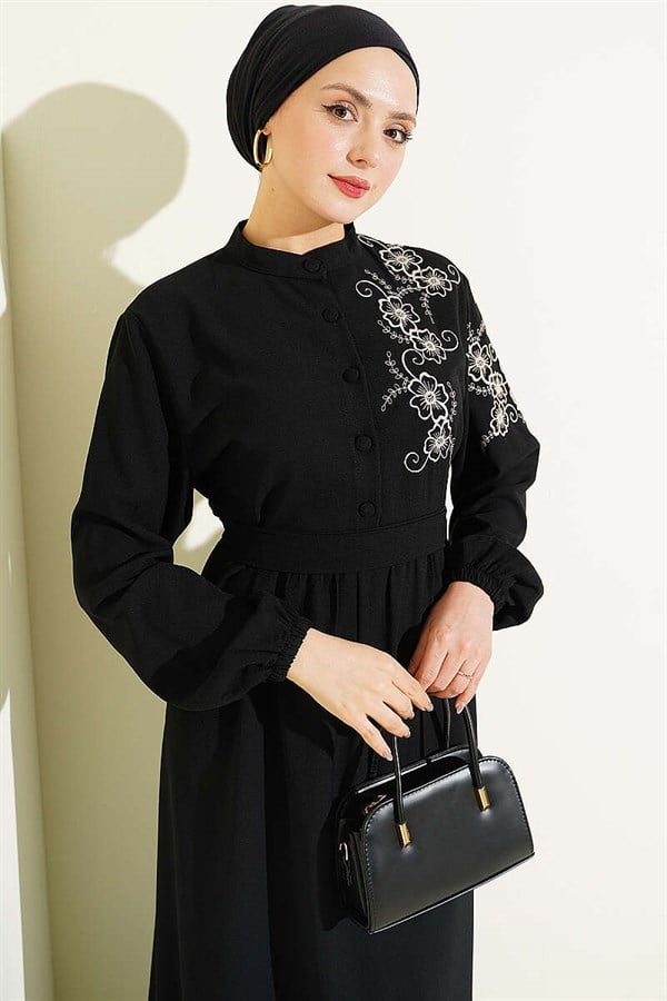 Shoulder Flower Embroidered Buttoned Dress Black