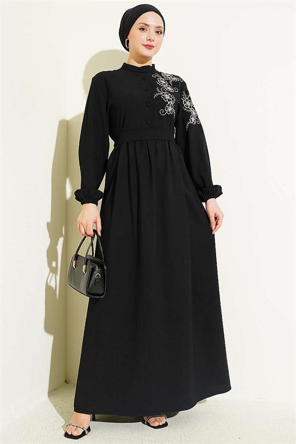 Shoulder Flower Embroidered Buttoned Dress Black