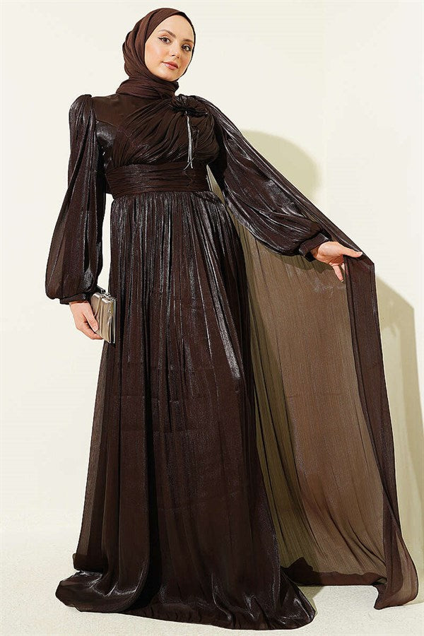 Off-Shoulder Floral Embellished Evening Dress in Dark Brown