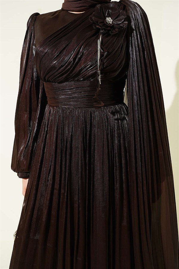 Off-Shoulder Floral Embellished Evening Dress in Dark Brown