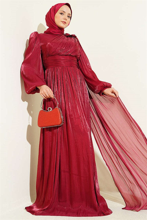 Burgundy Off-Shoulder Floral Embellished Evening Dress