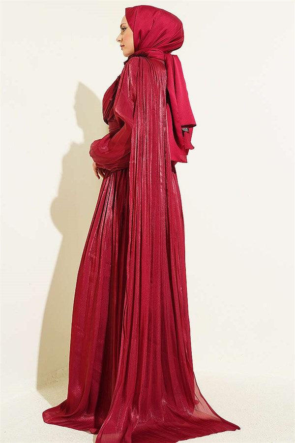 Burgundy Off-Shoulder Floral Embellished Evening Dress
