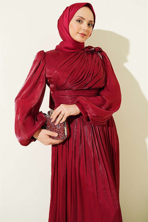 Burgundy Off-Shoulder Floral Embellished Evening Dress