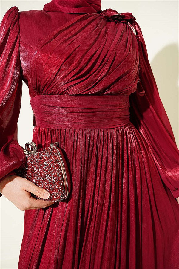 Burgundy Off-Shoulder Floral Embellished Evening Dress