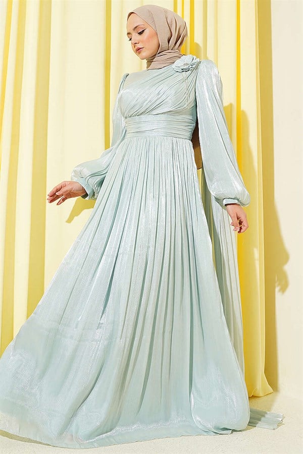 Off-Shoulder Floral Embellished Evening Dress in Mint