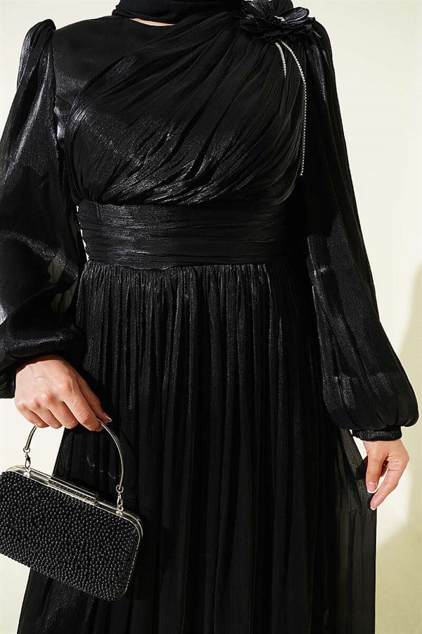 Off-Shoulder Floral Embellished Evening Dress, Black