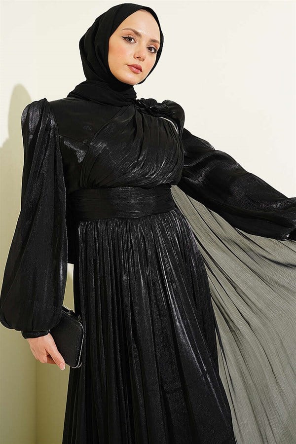 Off-Shoulder Floral Embellished Evening Dress, Black