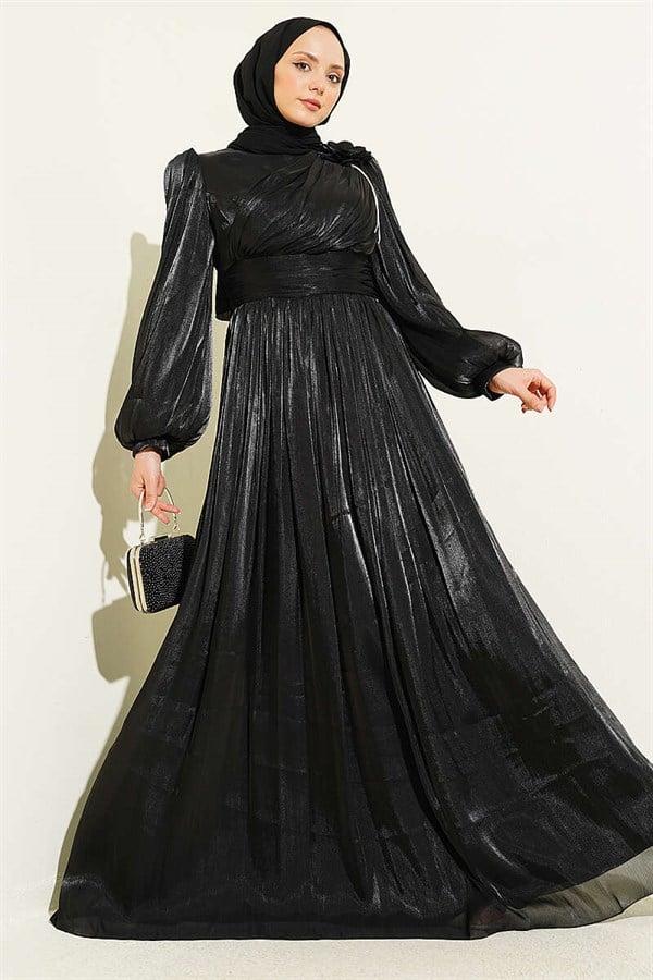 Off-Shoulder Floral Embellished Evening Dress, Black