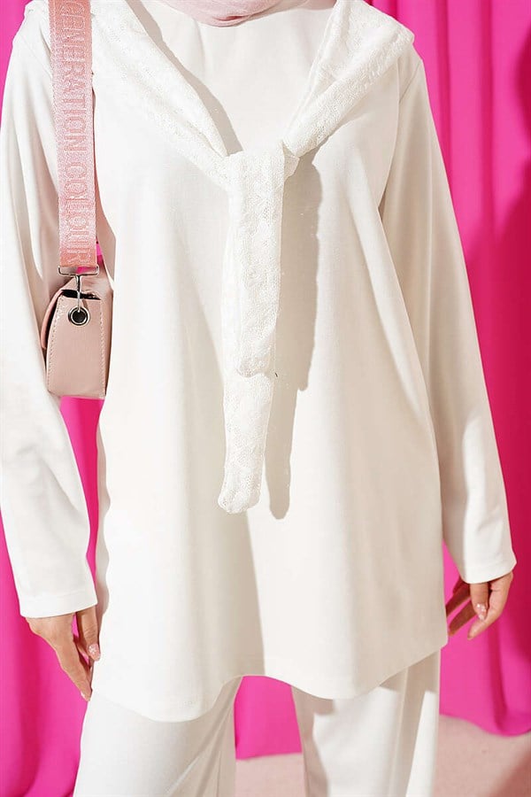 Loysa 2 Piece Set with Lace Shoulder Scarf, Ecru