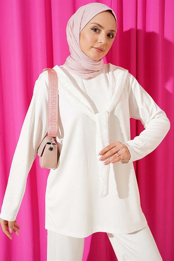 Loysa 2 Piece Set with Lace Shoulder Scarf, Ecru