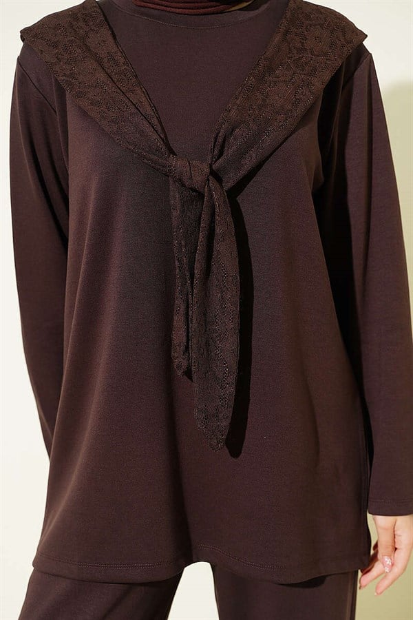 Loisha 2 Piece Set with Shoulder Lace Scarf, Coffee