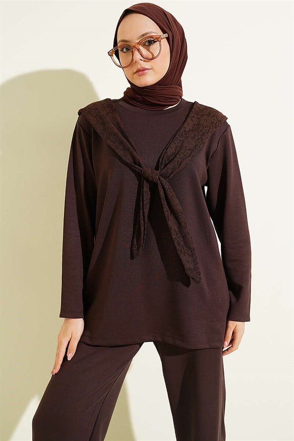 Loisha 2 Piece Set with Shoulder Lace Scarf, Coffee