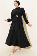 2 Piece Set with shoulder detail and belted skirt, black.