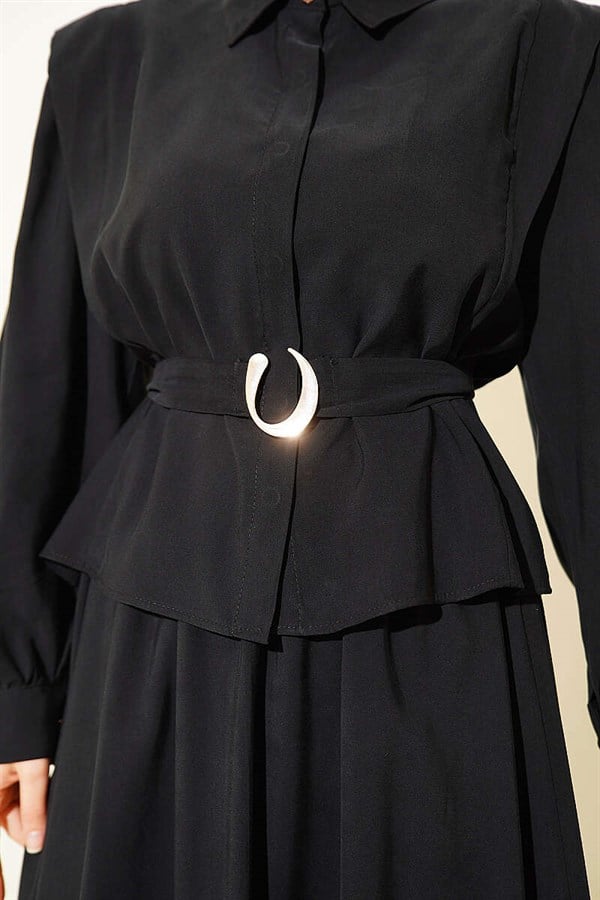 2 Piece Set with shoulder detail and belted skirt, black.
